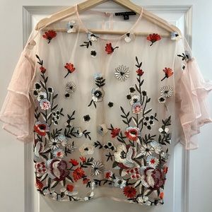 Floral Embroidery Mesh Lace Blouse with Trumpet Sleeves